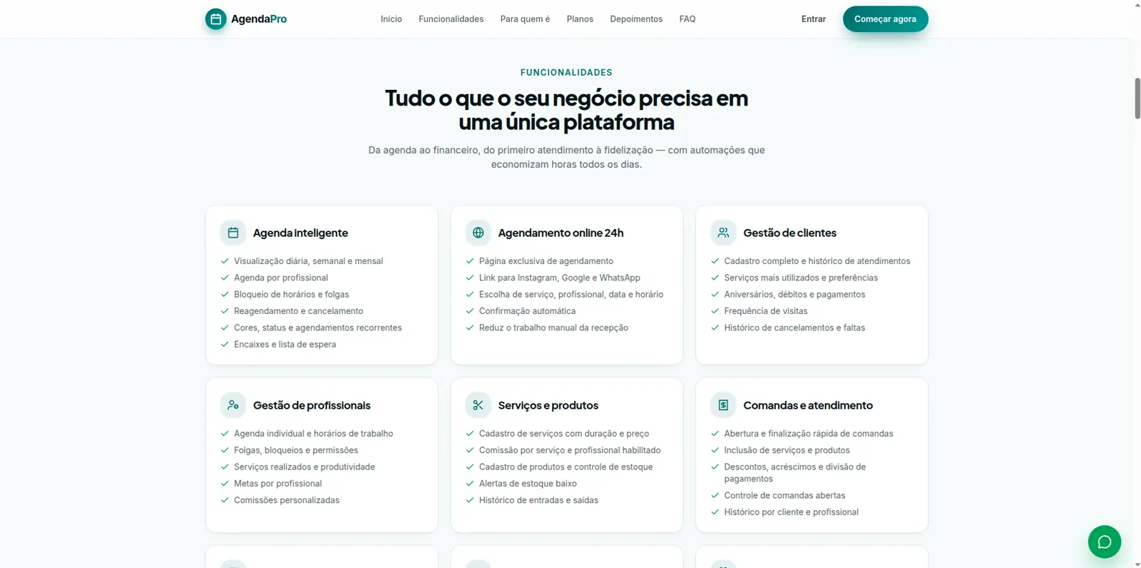 Página demonstrativa do AgendaPro com funcionalidades de agenda, clientes, profissionais, serviços, produtos e comandas