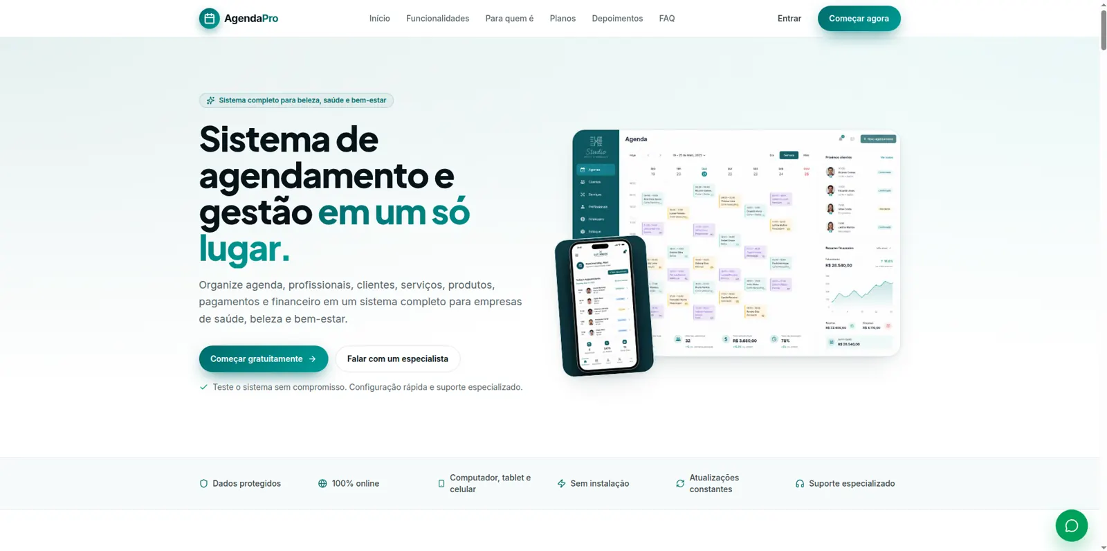 Landing page demonstrativa do AgendaPro com sistema de agendamento, agenda por profissional e painel gerencial