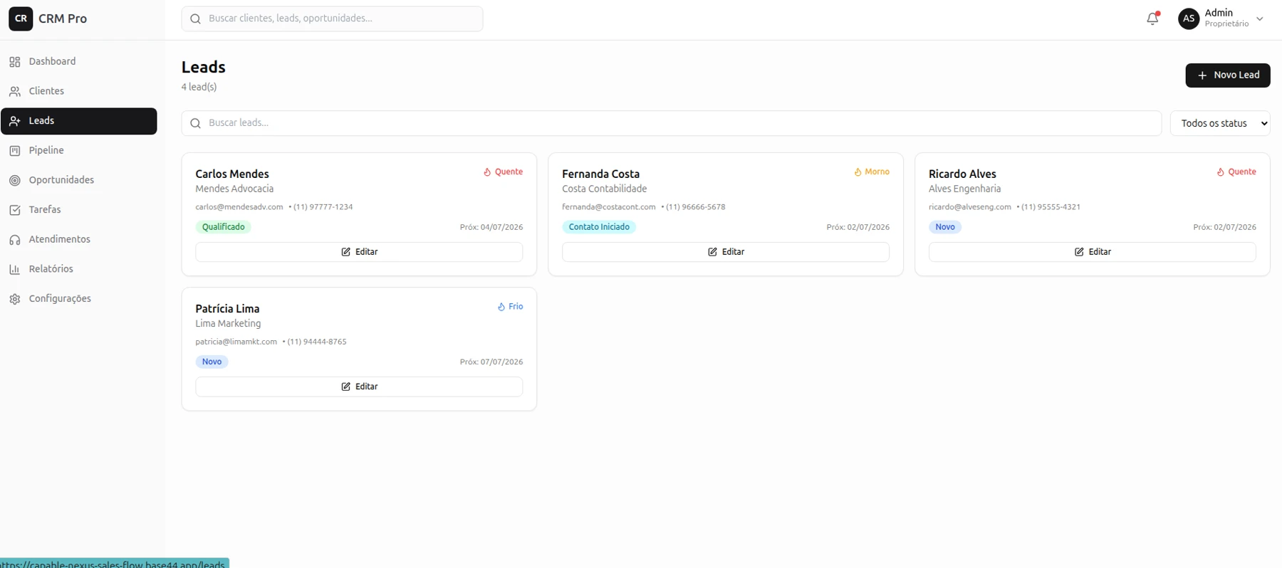 Gestão de leads em um CRM personalizado com classificação quente, morno e frio e próximo contato
