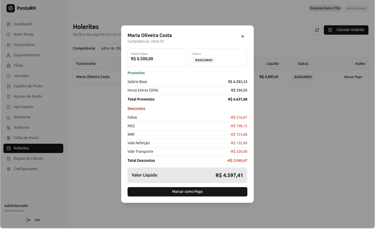 Holerite de um funcionário com proventos, descontos de INSS e IRRF, vale-refeição, vale-transporte e valor líquido